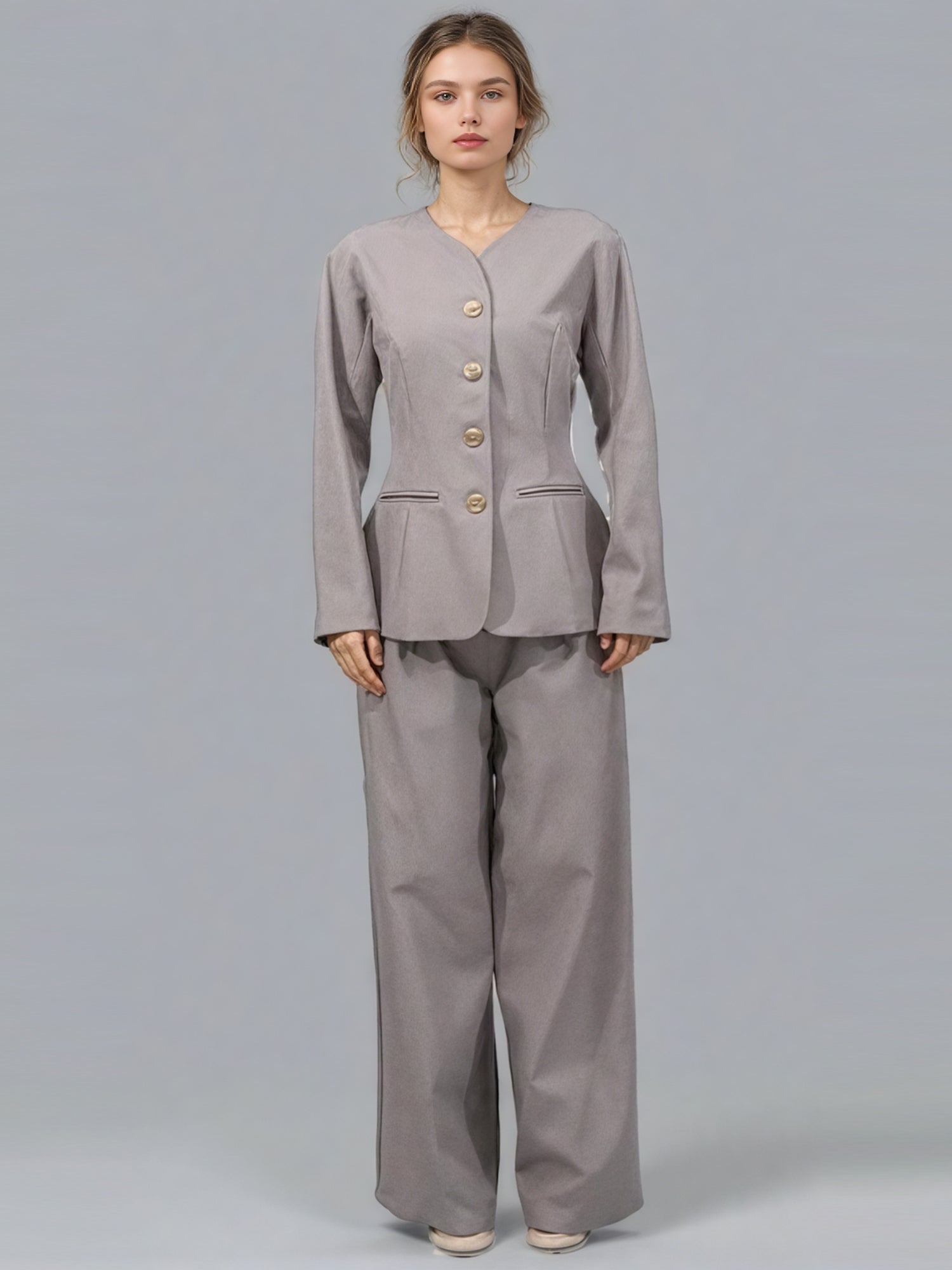 Gray Button - Front Blazer & Wide - Leg Pants Set - SISPELL