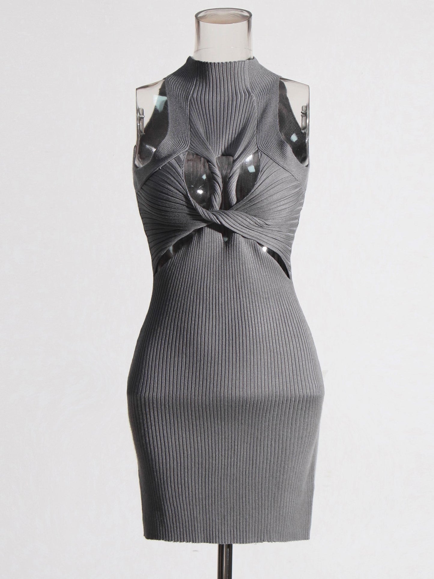 Gray Knit Cutout Knot Bodycon Mini Dress - SISPELL