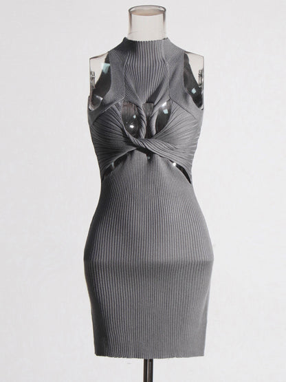 Gray Knit Cutout Knot Bodycon Mini Dress - SISPELL