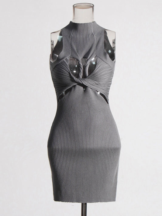 Gray Knit Cutout Knot Bodycon Mini Dress - SISPELL
