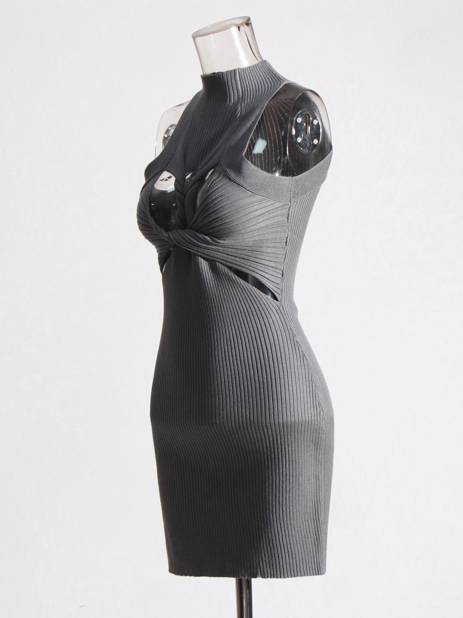 Gray Knit Cutout Knot Bodycon Mini Dress - SISPELL