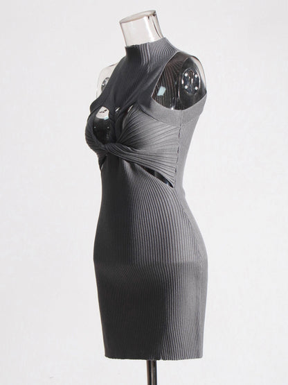 Gray Knit Cutout Knot Bodycon Mini Dress - SISPELL