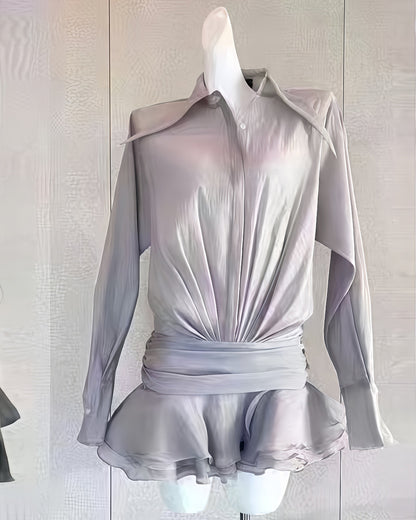 Gray Oversized Collar Ruffled Blouse Dress - SISPELL