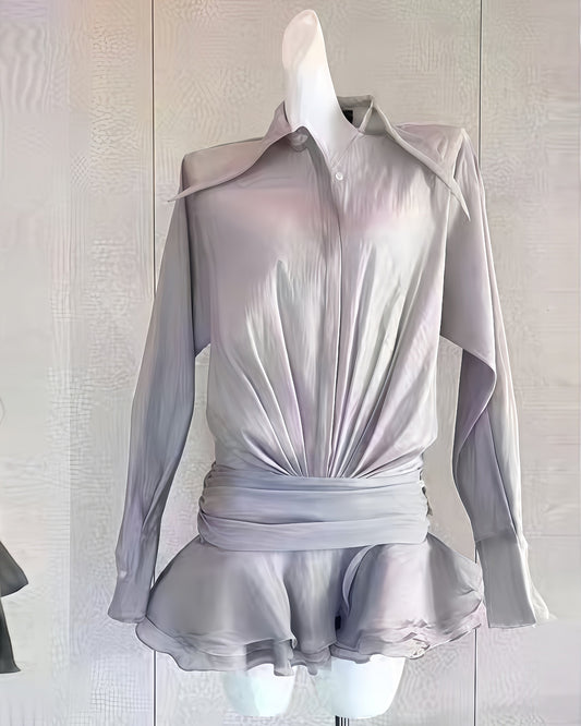 Gray Oversized Collar Ruffled Blouse Dress - SISPELL