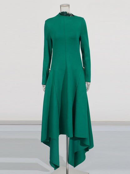 Green Asymmetric Hem Dress with Side Ring Details - SISPELL