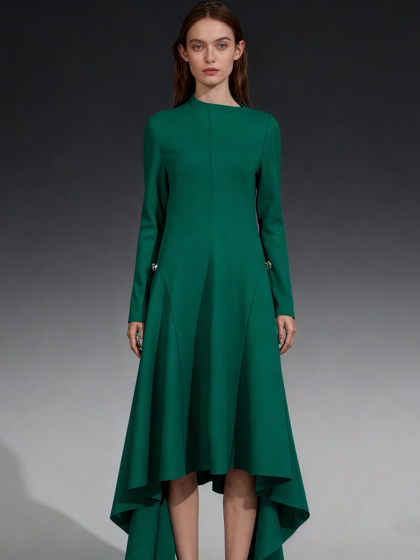 Green Asymmetric Hem Dress with Side Ring Details - SISPELL