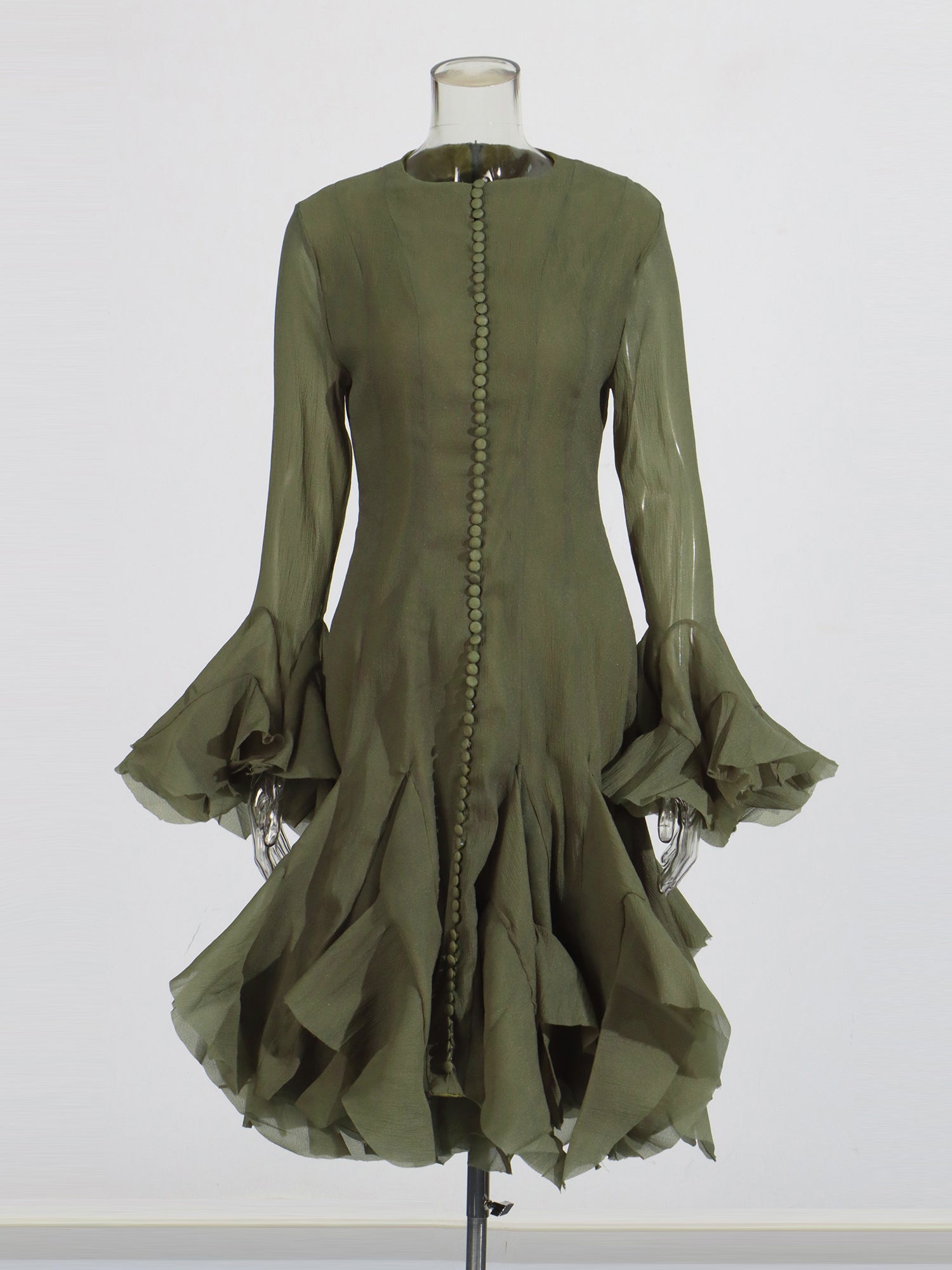 Green Bell Sleeve Ruffled Long Dress with Button Front - SISPELL