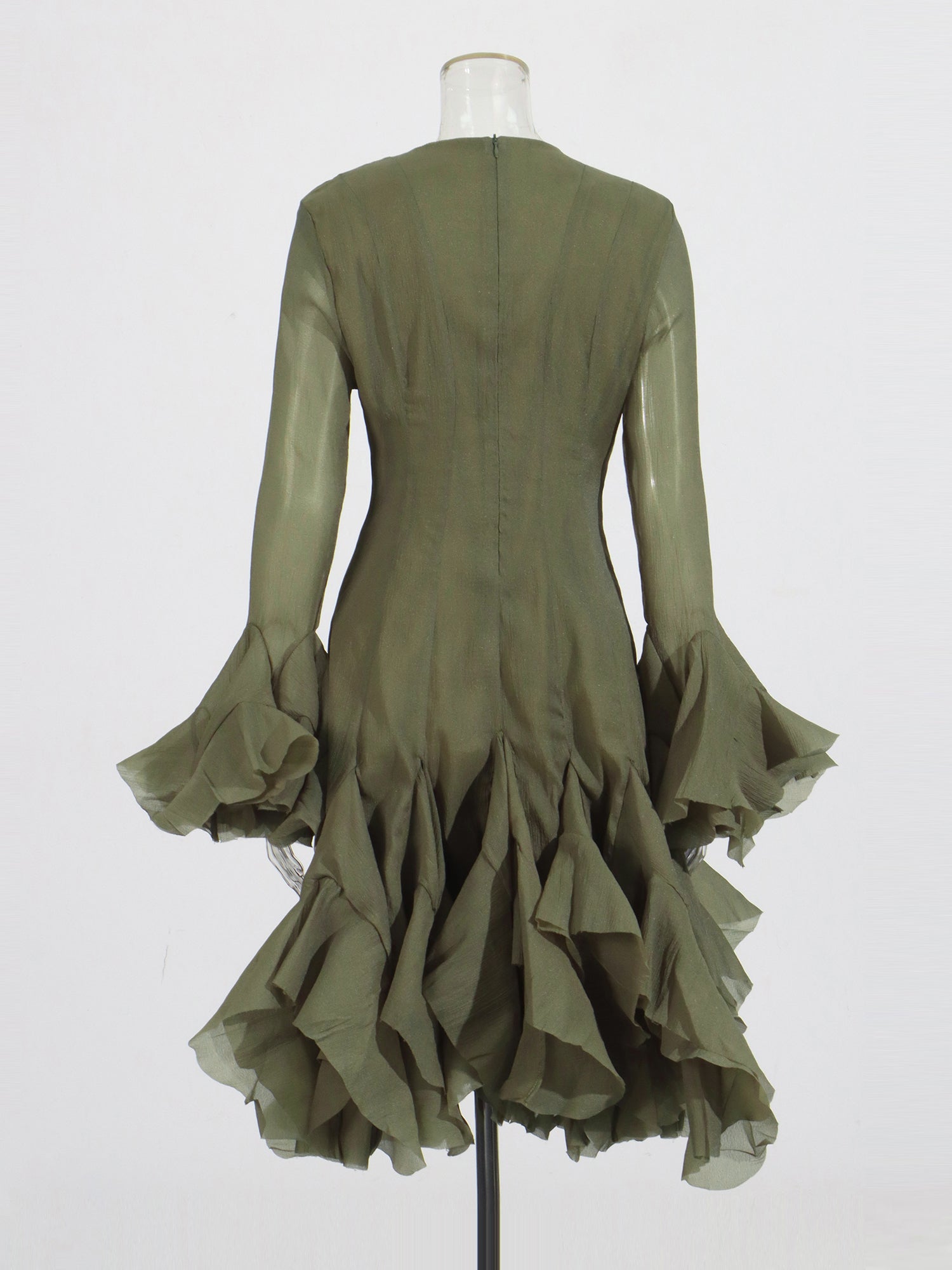 Green Bell Sleeve Ruffled Long Dress with Button Front - SISPELL