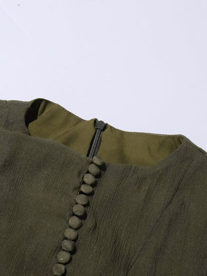 Green Bell Sleeve Ruffled Long Dress with Button Front - SISPELL