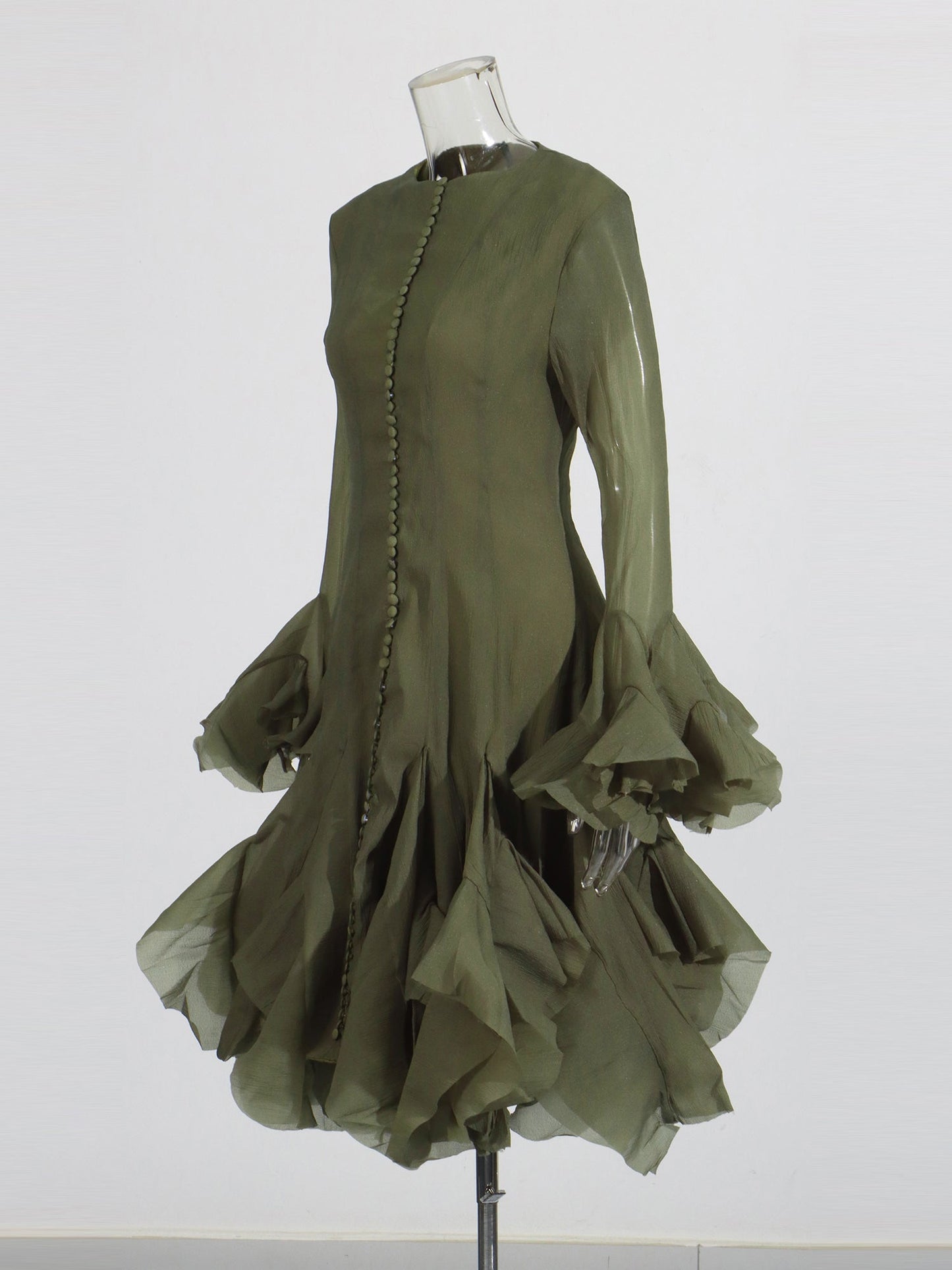 Green Bell Sleeve Ruffled Long Dress with Button Front - SISPELL