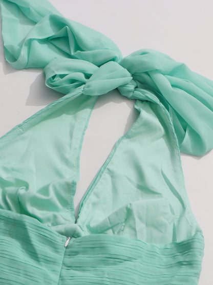 Green Halter Neck Ruched Maxi Dress - SISPELL
