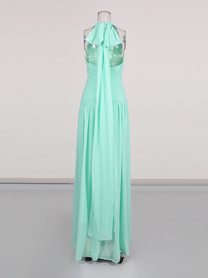 Green Halter Neck Ruched Maxi Dress - SISPELL