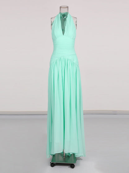 Green Halter Neck Ruched Maxi Dress - SISPELL