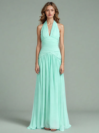 Green Halter Neck Ruched Maxi Dress - SISPELL