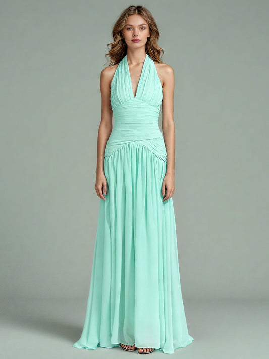 Green Halter Neck Ruched Maxi Dress - SISPELL