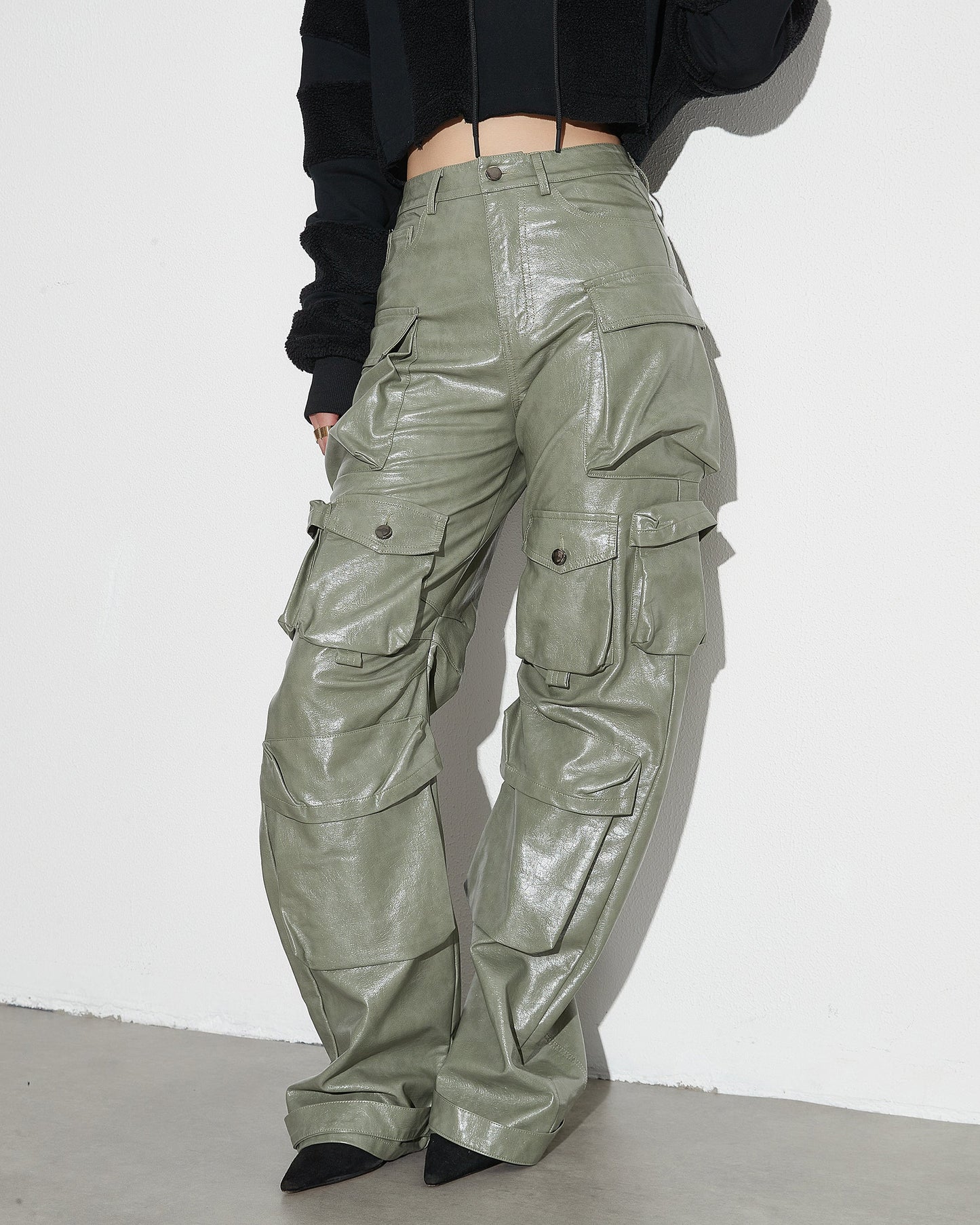 Green PU Leather Cargo Pants - SISPELL