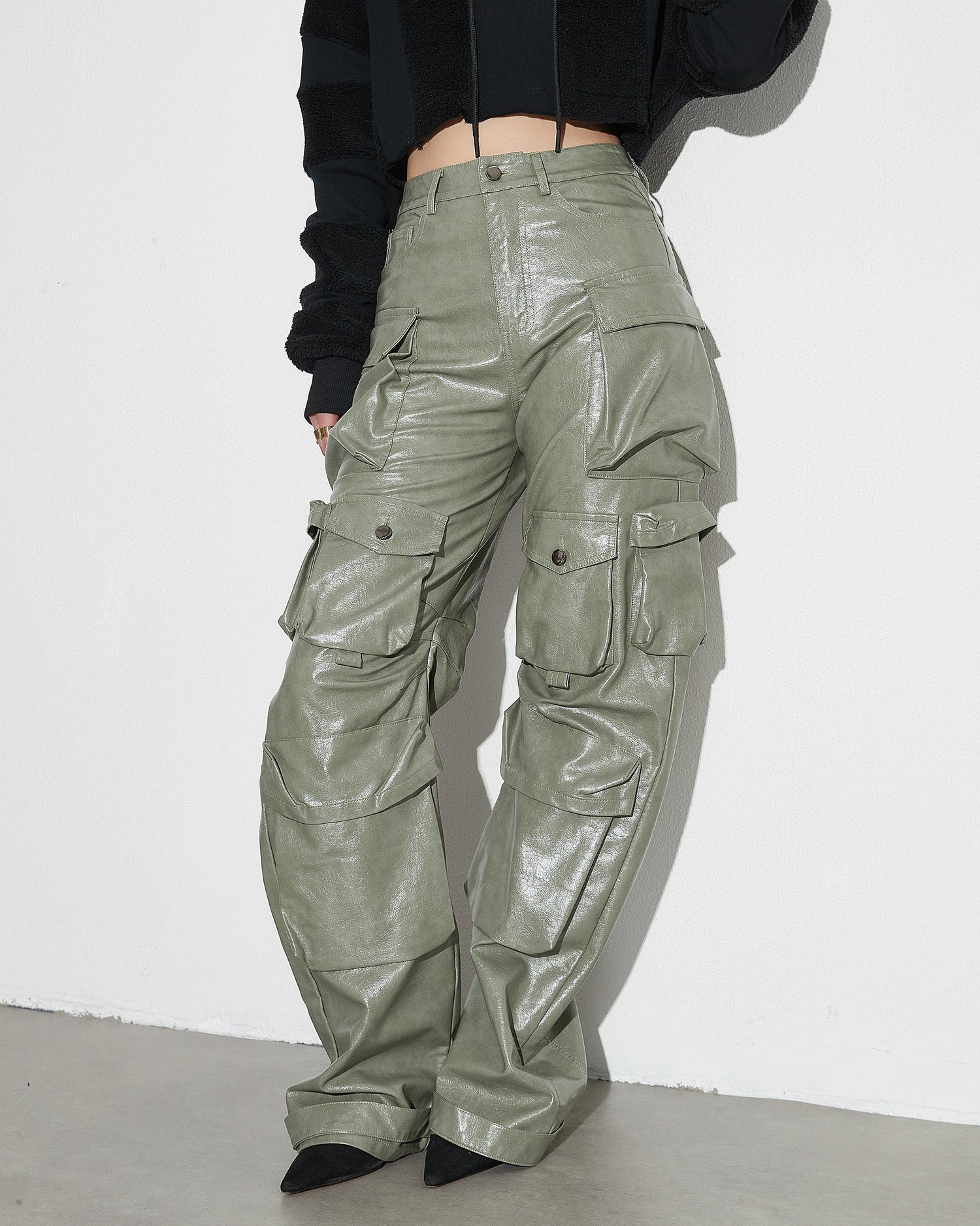 Green PU Leather Cargo Pants - SISPELL