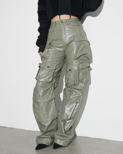 Green PU Leather Cargo Pants - SISPELL