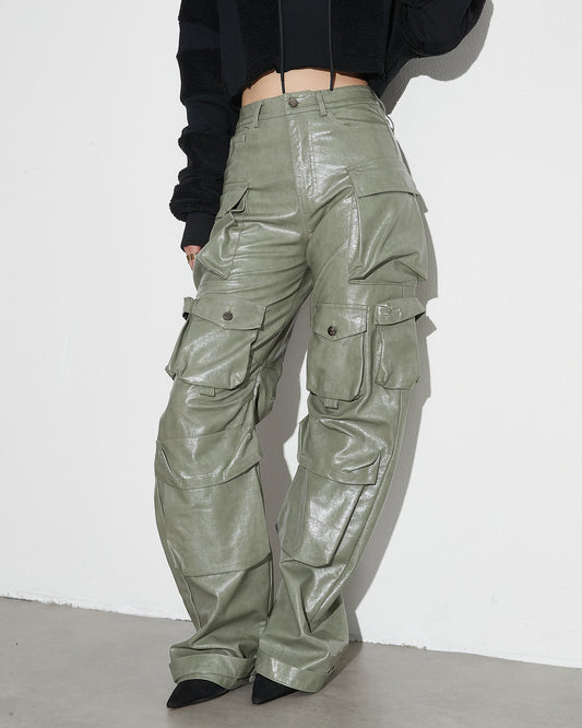 Green PU Leather Cargo Pants - SISPELL