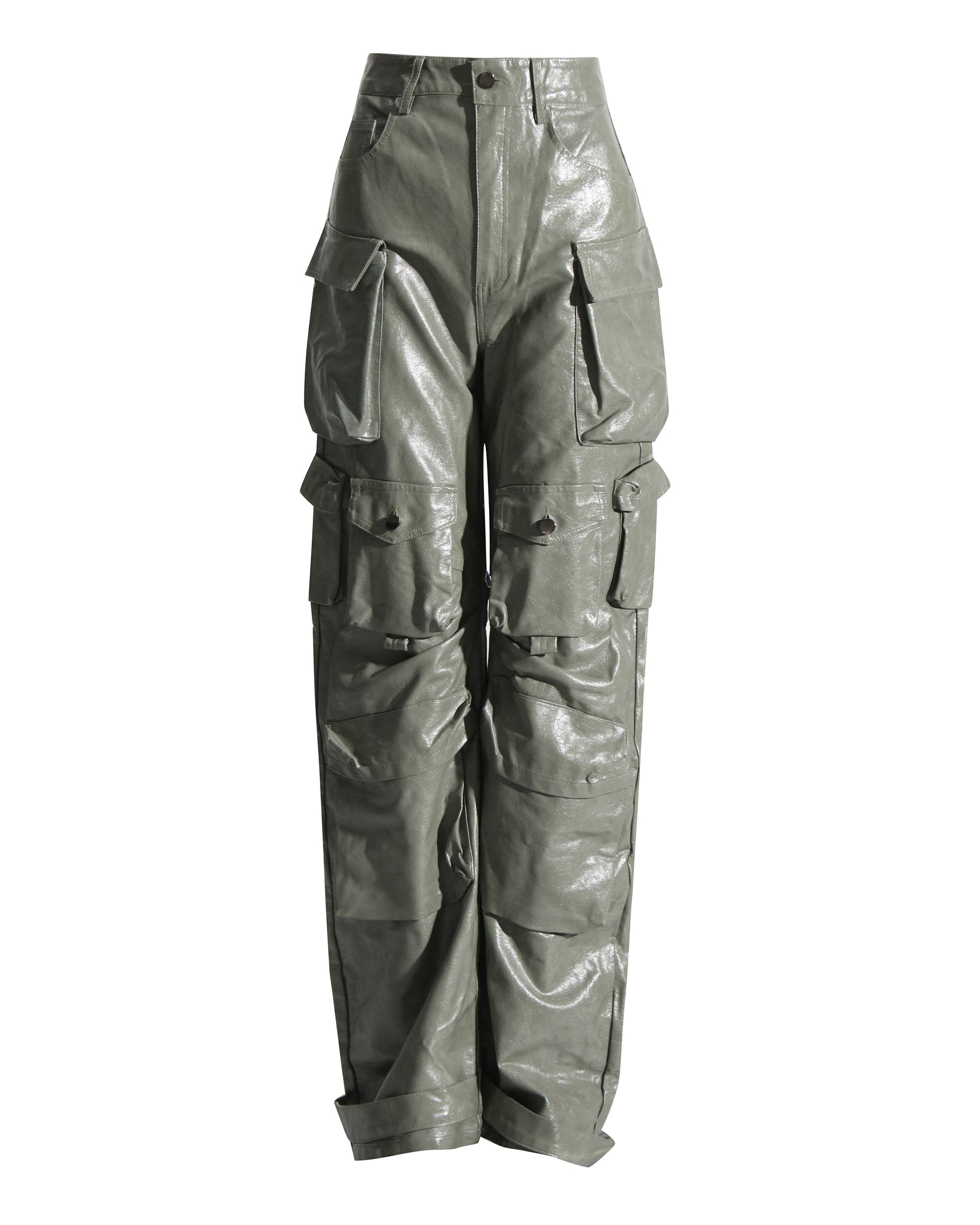 Green PU Leather Cargo Pants - SISPELL