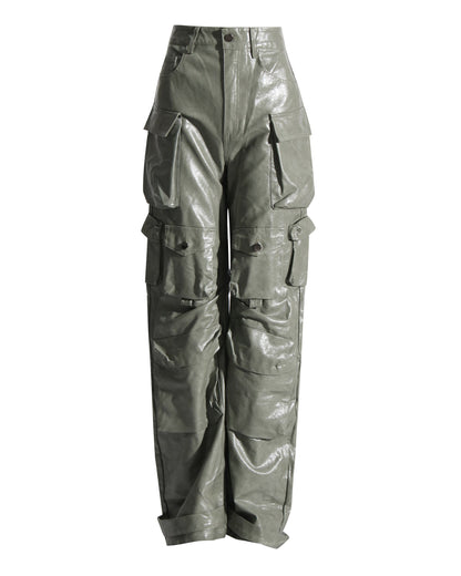 Green PU Leather Cargo Pants - SISPELL