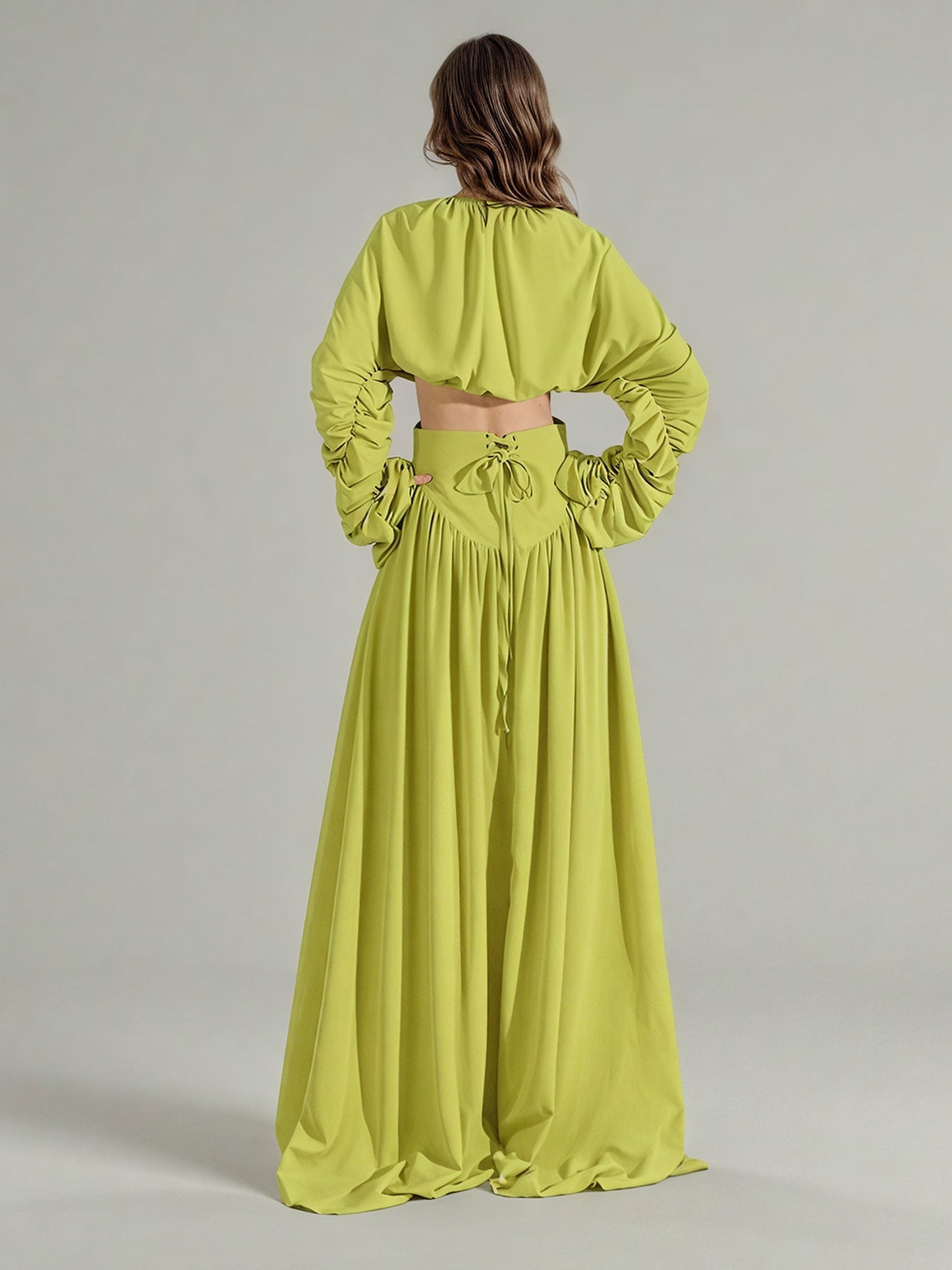 Green Ruched Sleeve Top & Maxi Skirt Two - Piece Set - SISPELL