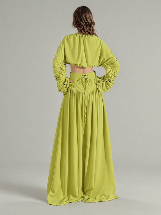 Green Ruched Sleeve Top & Maxi Skirt Two - Piece Set - SISPELL