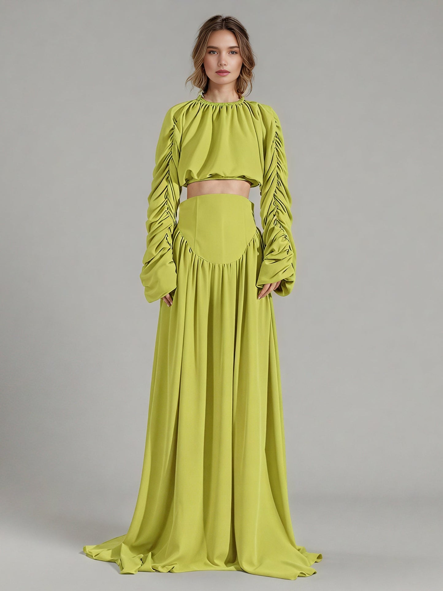 Green Ruched Sleeve Top & Maxi Skirt Two - Piece Set - SISPELL