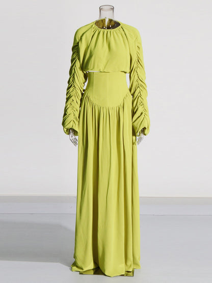 Green Ruched Sleeve Top & Maxi Skirt Two - Piece Set - SISPELL