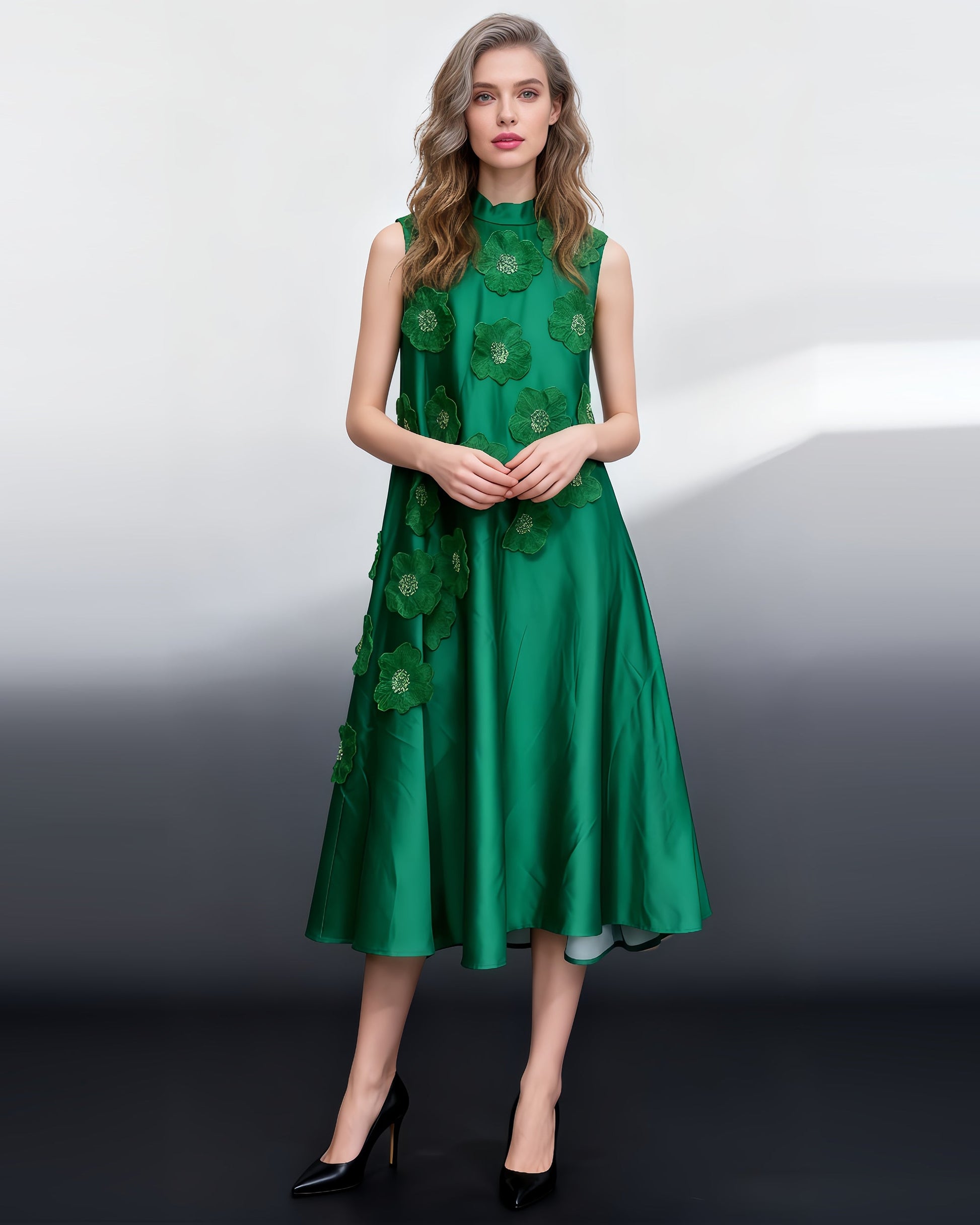 Green Sleeveless Midi Dress with Floral Lace & Pearl - SISPELL