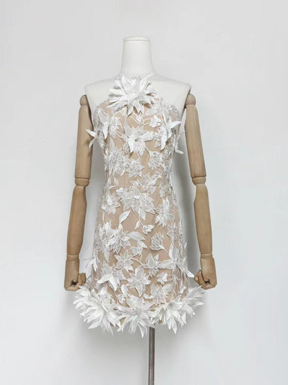 Hanging Neck Patchwork Flower Short Dress - SISPELL
