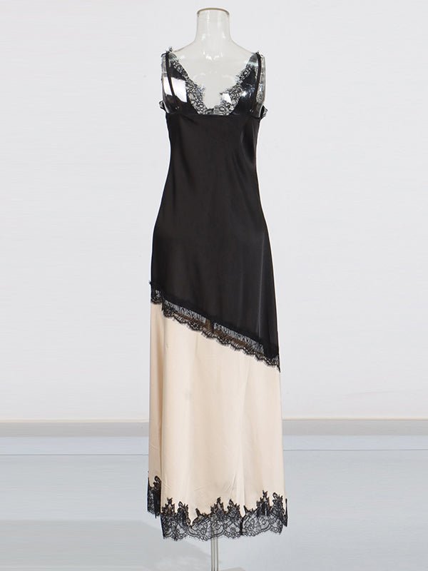 Hit Color Lace Side Slipt Long Dress - SISPELL