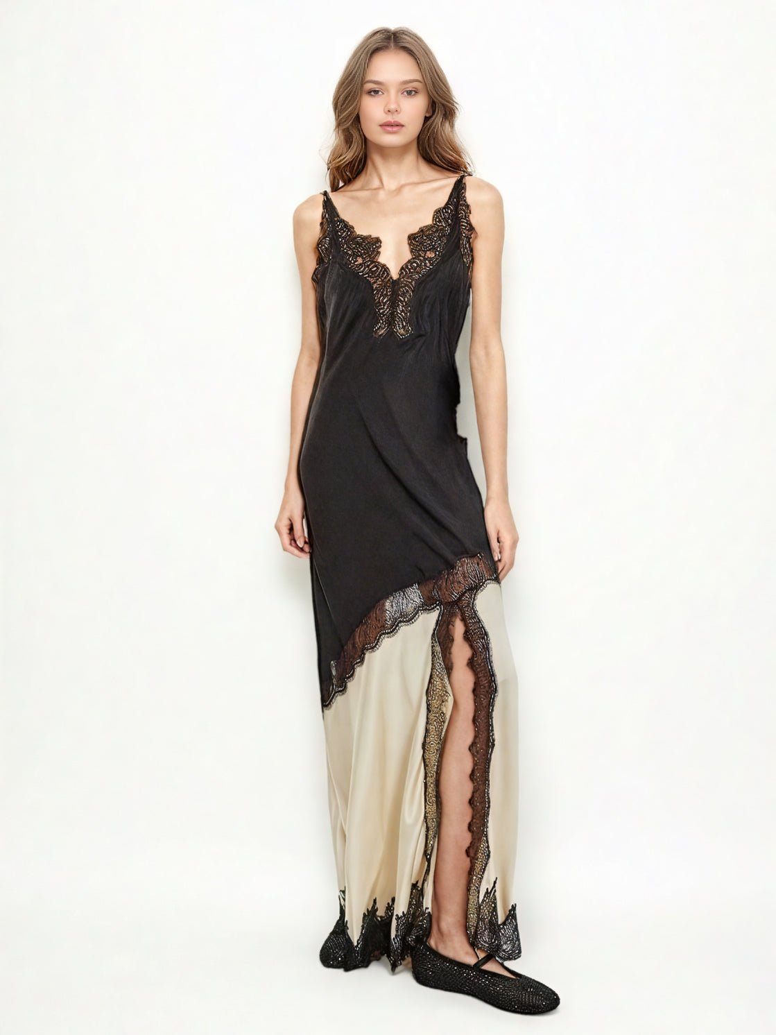 Hit Color Lace Side Slipt Long Dress - SISPELL