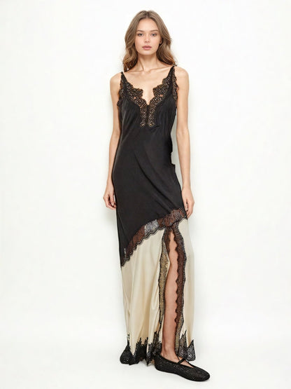 Hit Color Lace Side Slipt Long Dress - SISPELL