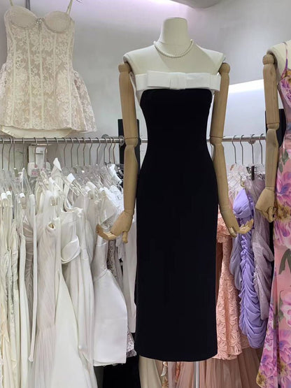 Hit Color Patchwork Bowknot Midi Dress - SISPELL