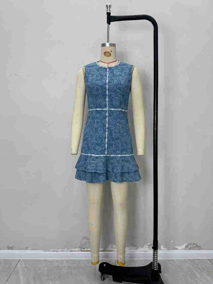 Hit Color Round Neck Short Dress - SISPELL