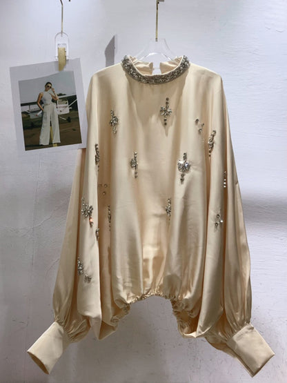 Khaki Blouse with Rhinestone Floral & Batwing Sleeve Detail - SISPELL