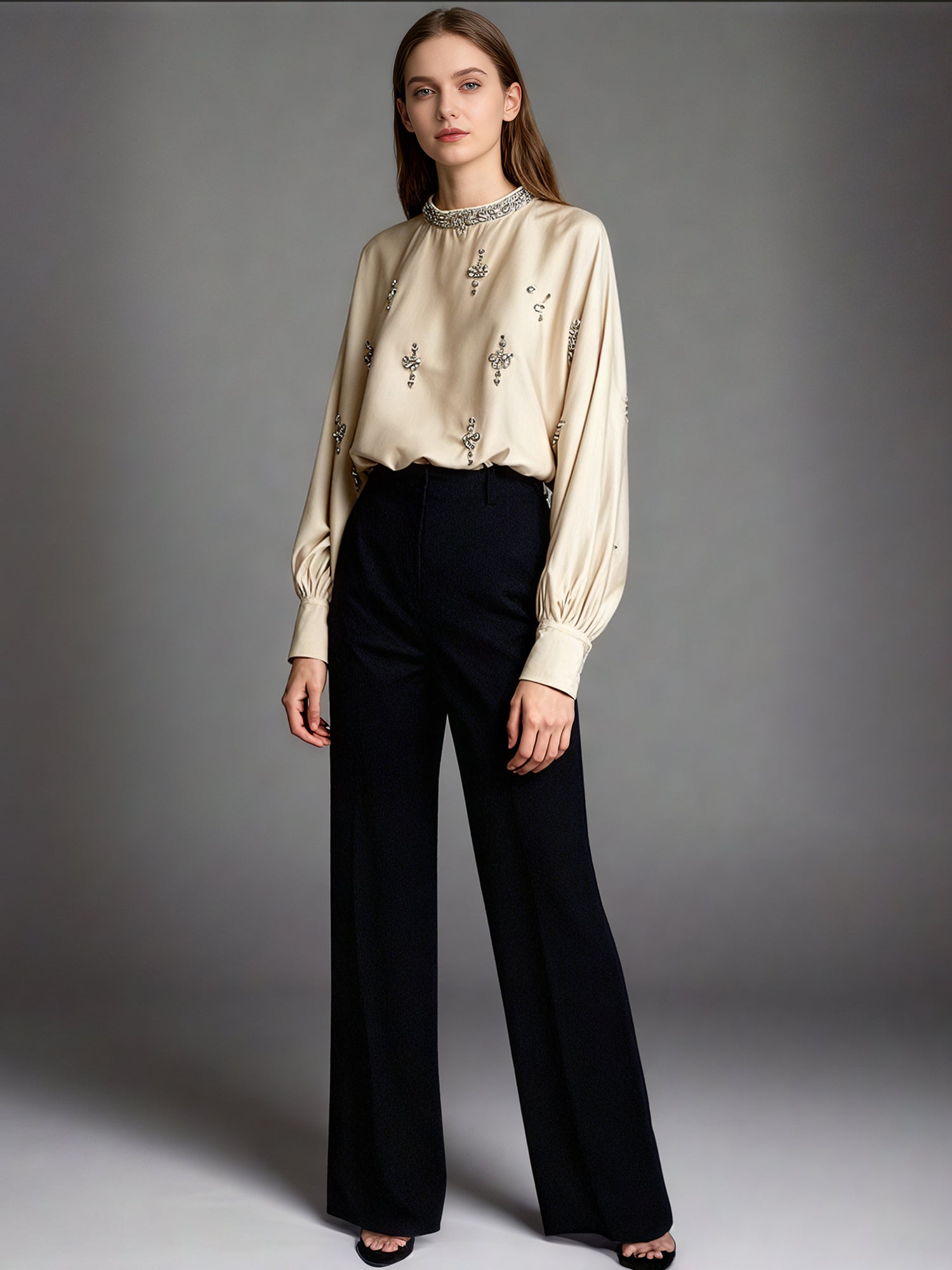 Khaki Blouse with Rhinestone Floral & Batwing Sleeve Detail - SISPELL