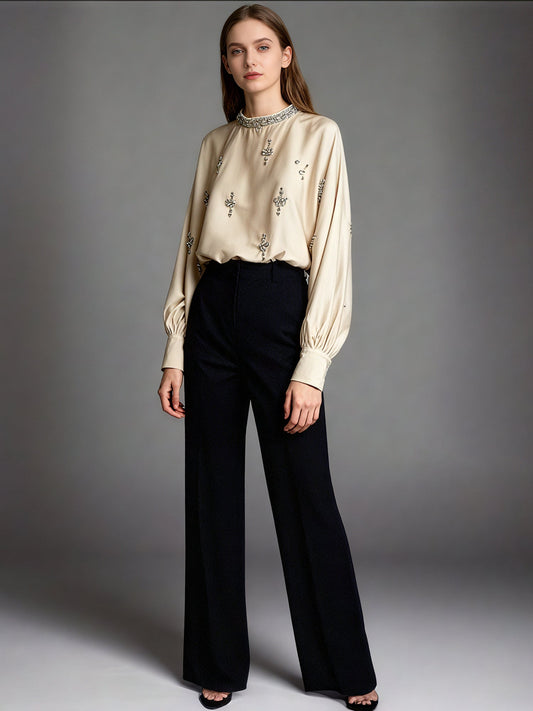 Khaki Blouse with Rhinestone Floral & Batwing Sleeve Detail - SISPELL