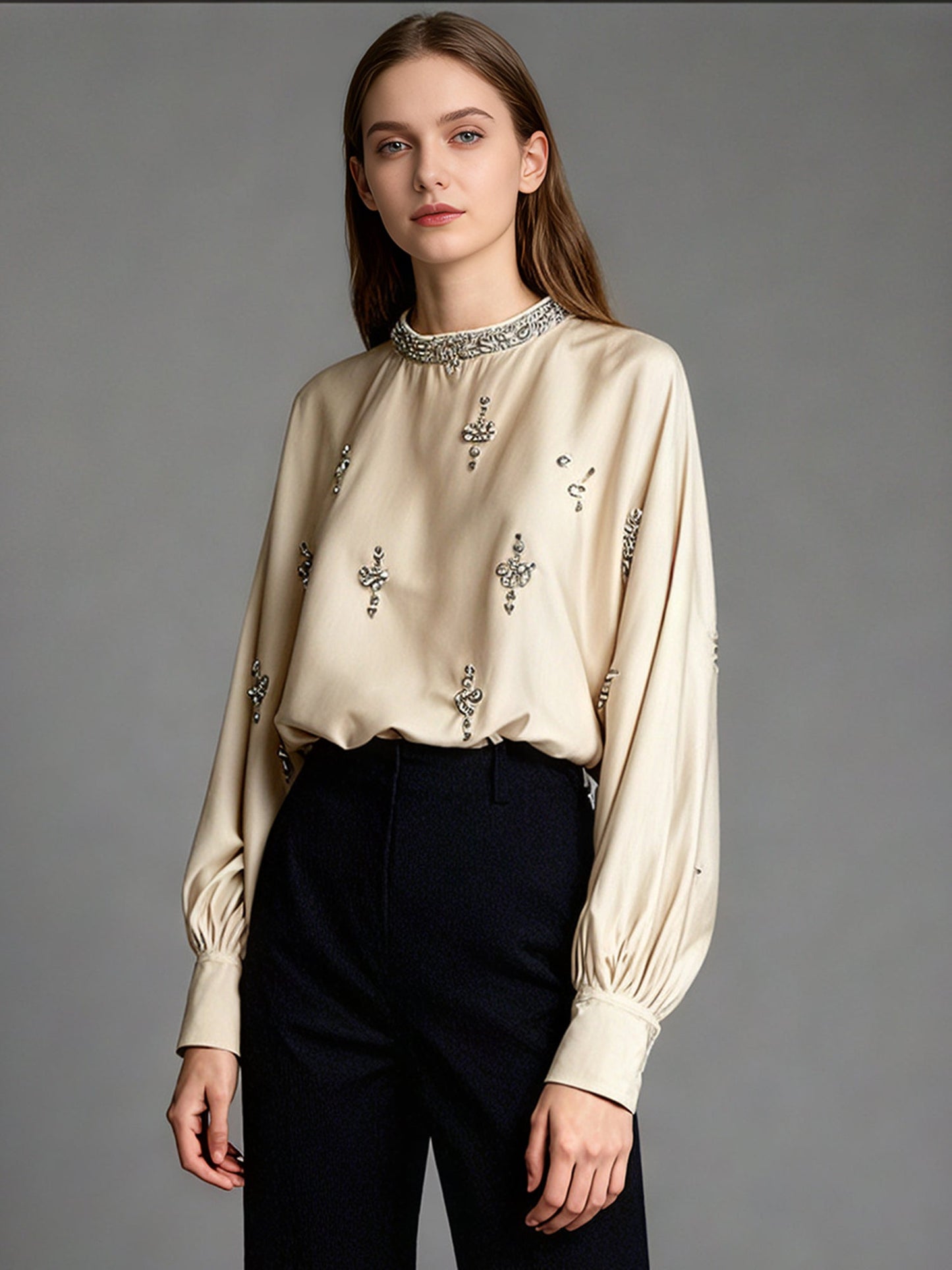 Khaki Blouse with Rhinestone Floral & Batwing Sleeve Detail - SISPELL