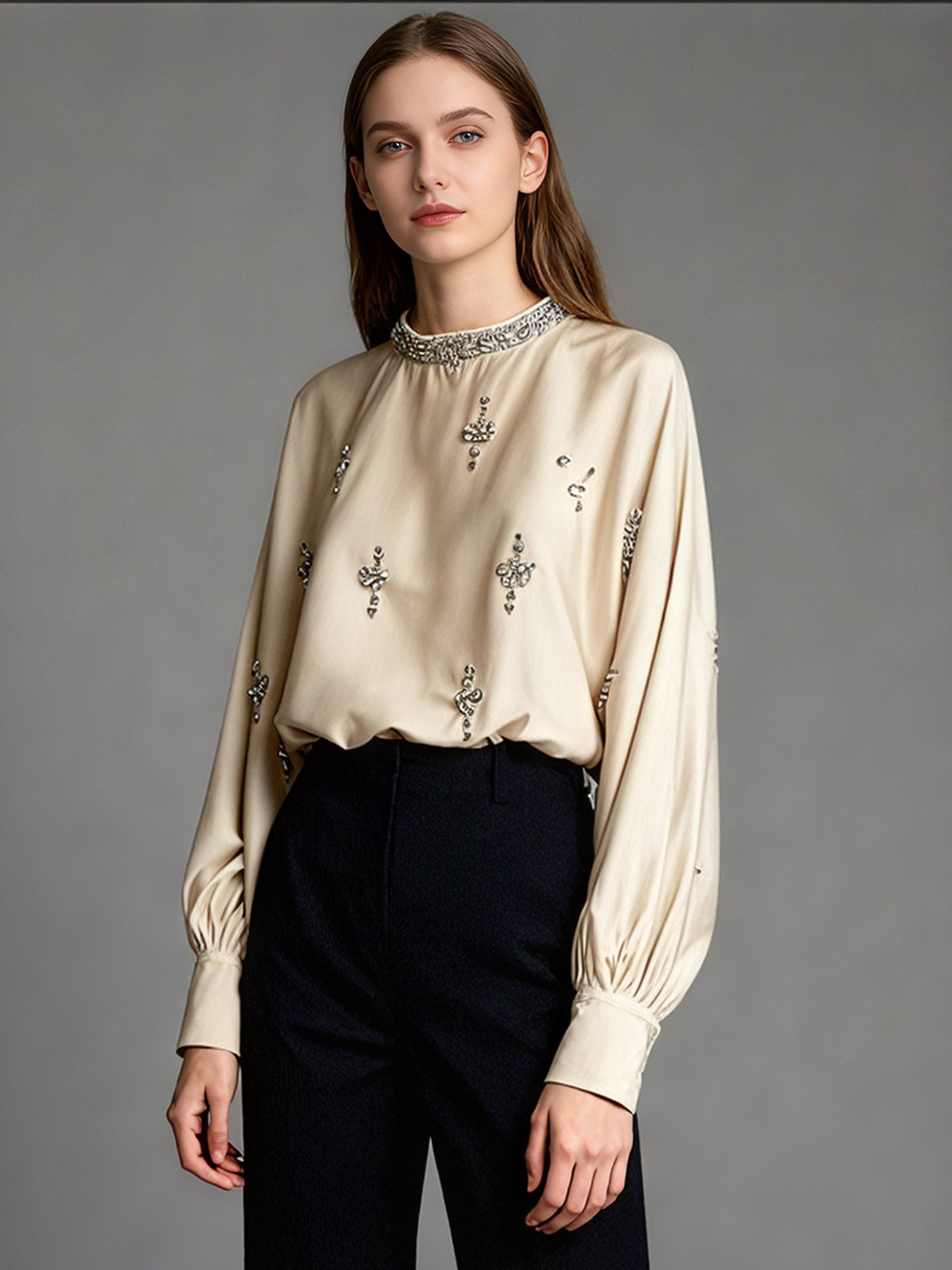 Khaki Blouse with Rhinestone Floral & Batwing Sleeve Detail - SISPELL