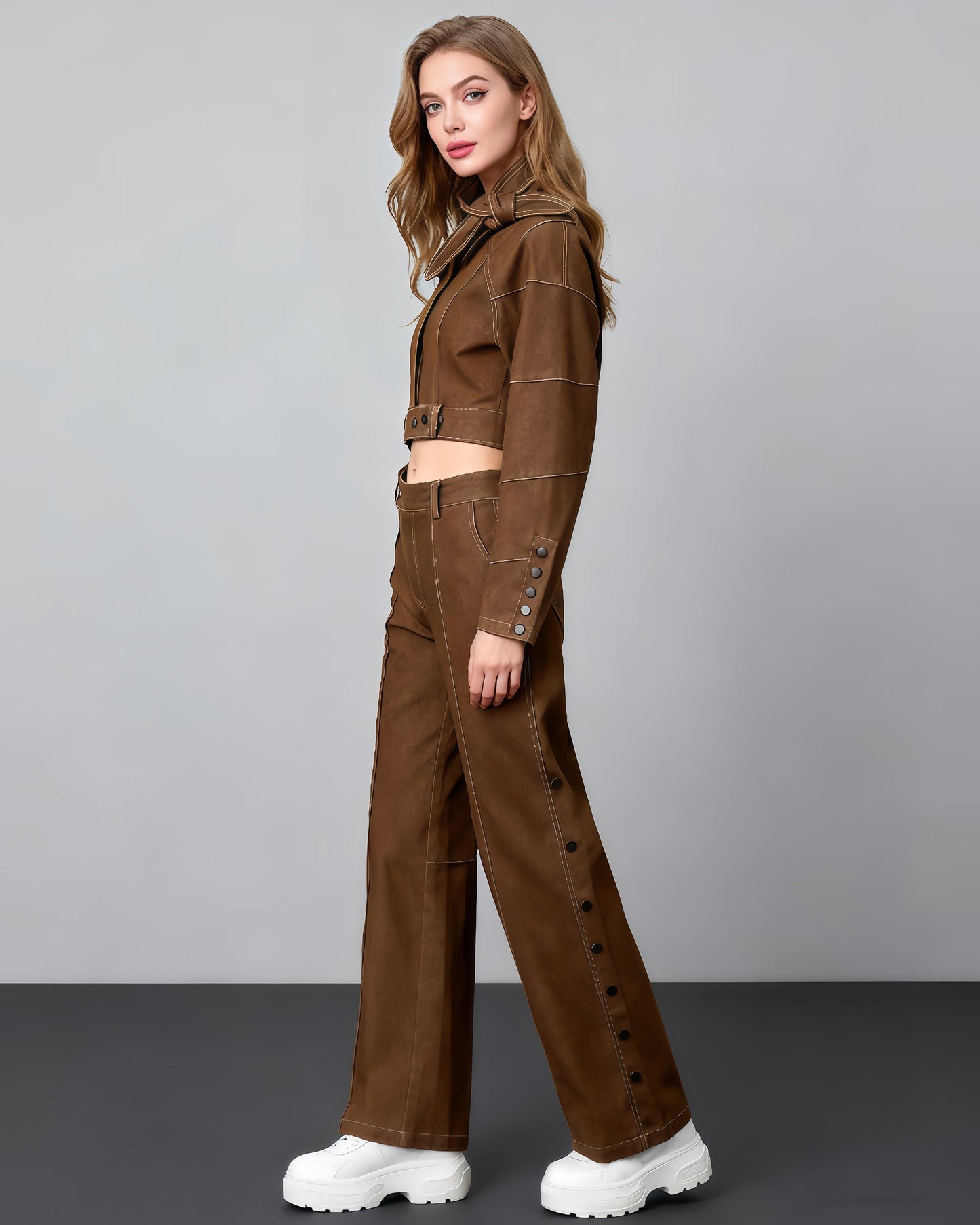 Khaki Cropped Jacket & Wide - Leg Pants Set - SISPELL