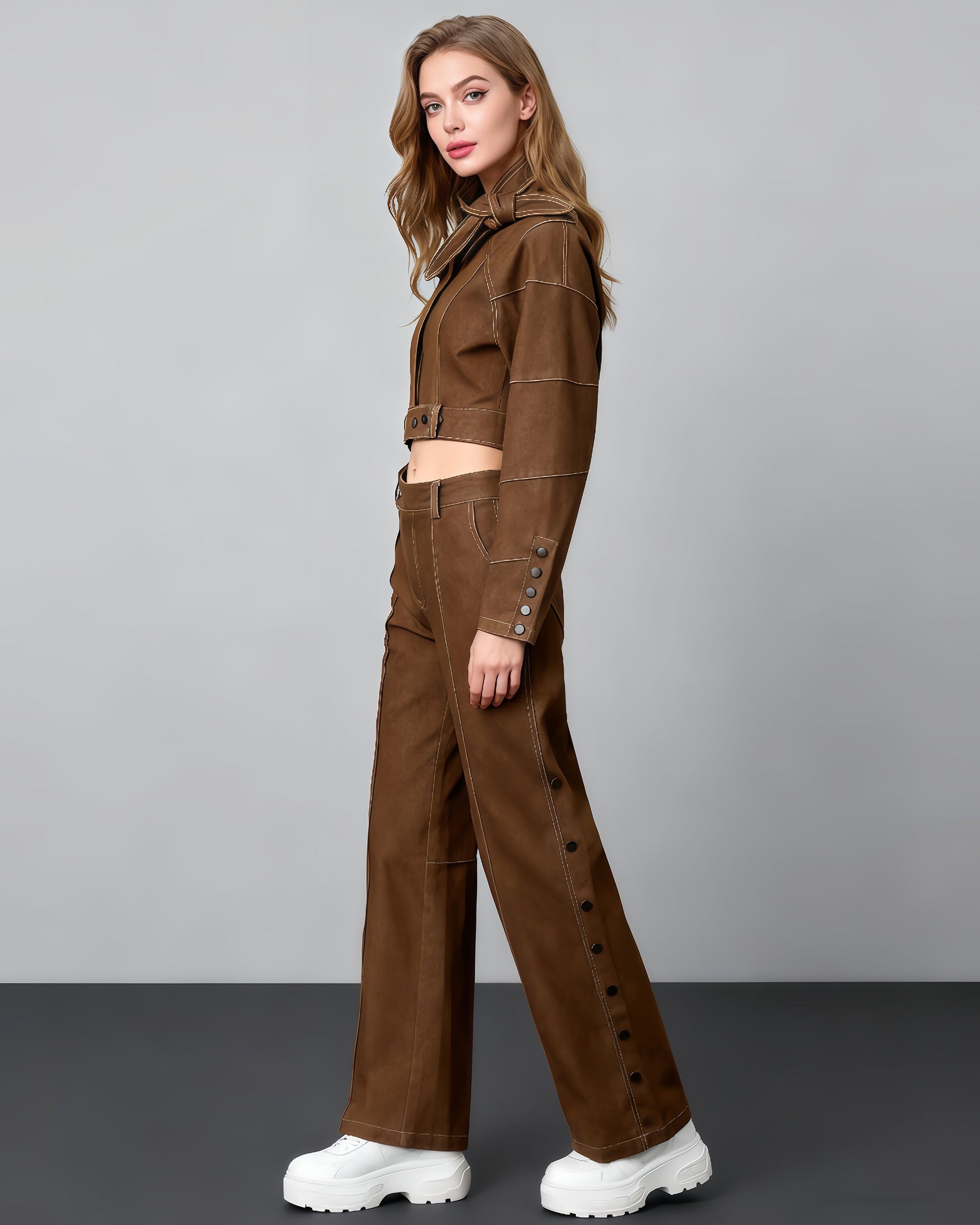 Khaki Cropped Jacket & Wide - Leg Pants Set - SISPELL