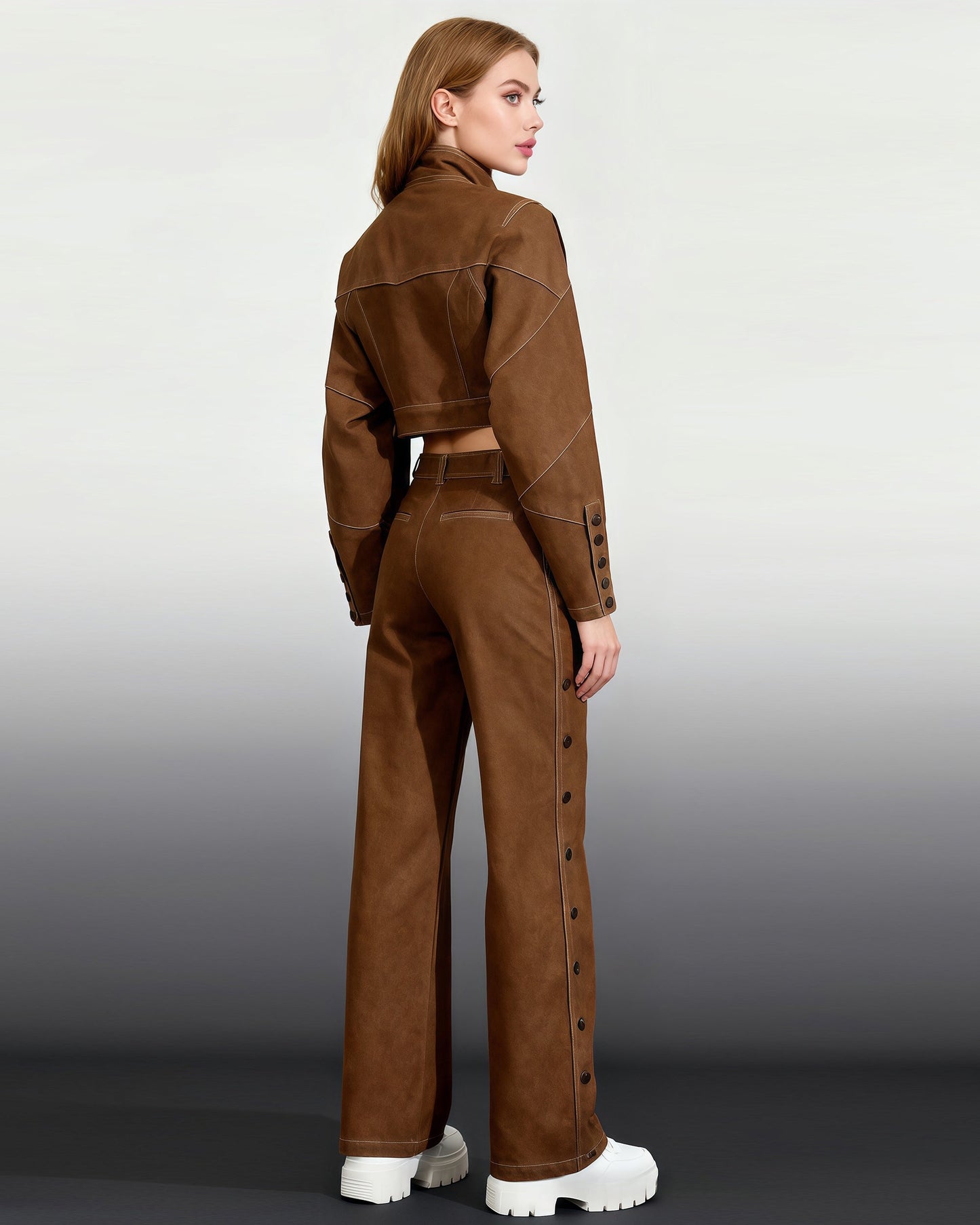 Khaki Cropped Jacket & Wide - Leg Pants Set - SISPELL