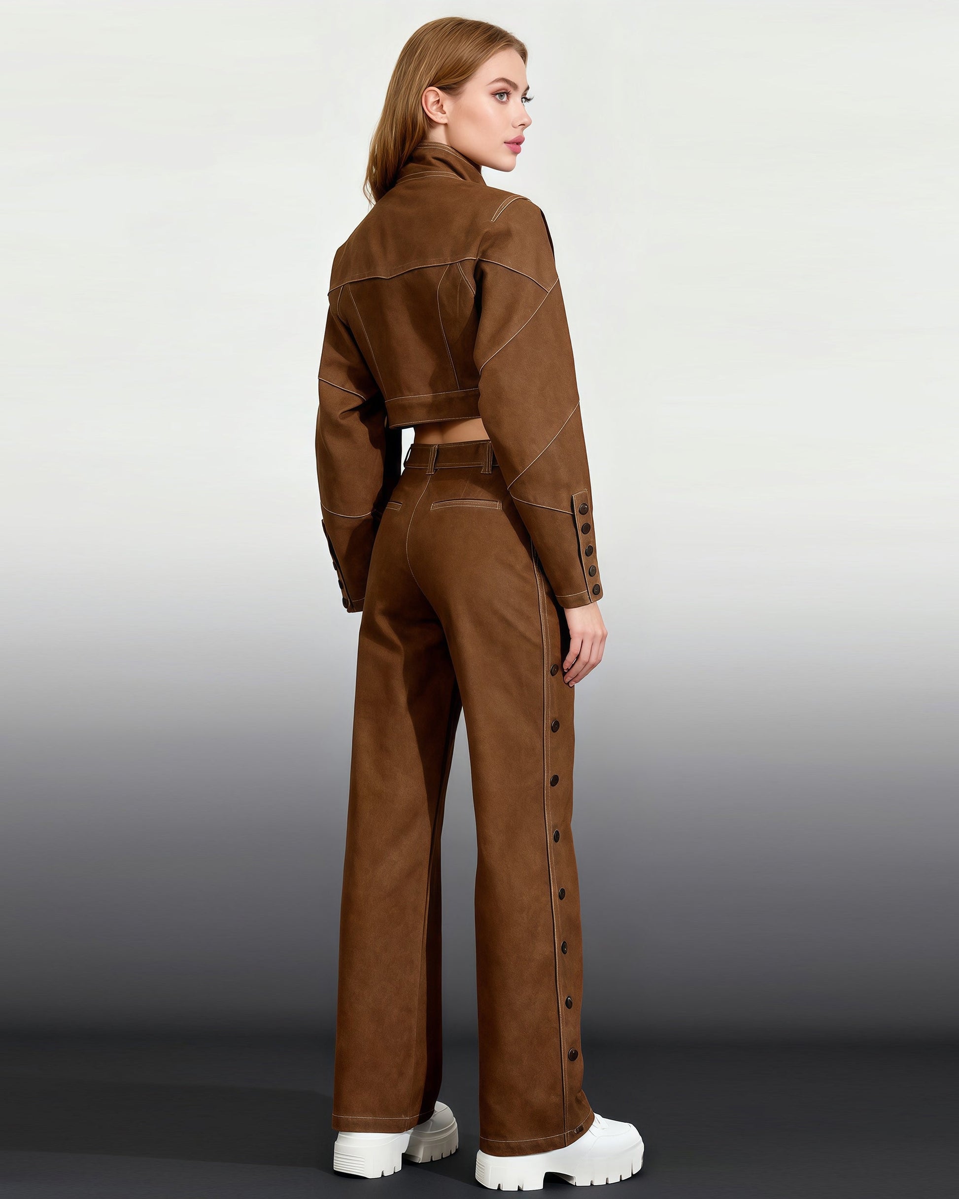 Khaki Cropped Jacket & Wide - Leg Pants Set - SISPELL