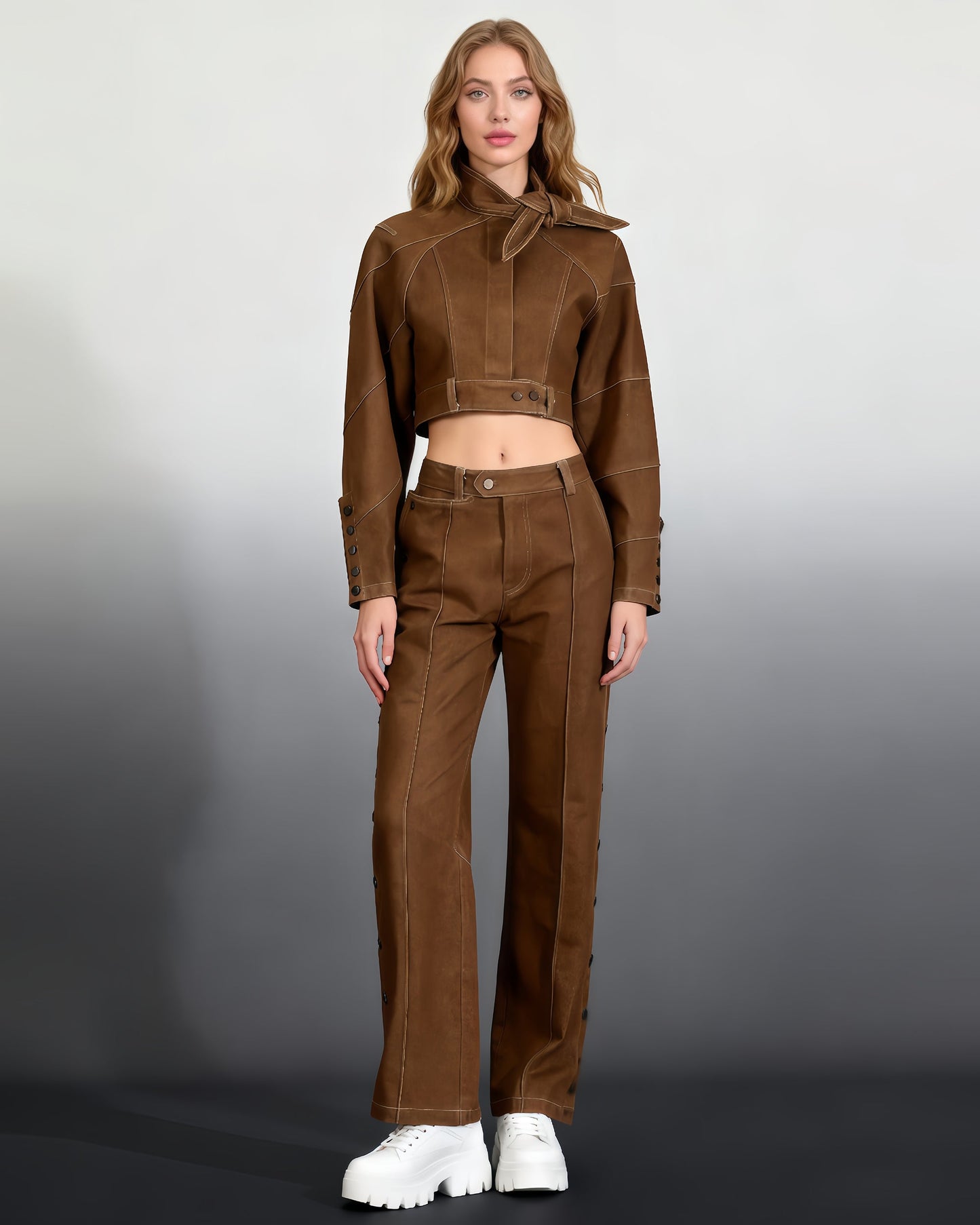 Khaki Cropped Jacket & Wide - Leg Pants Set - SISPELL