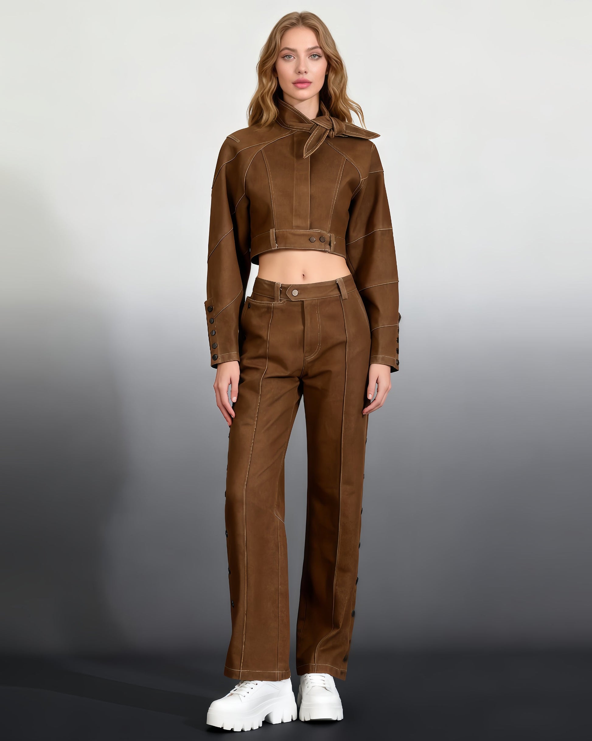 Khaki Cropped Jacket & Wide - Leg Pants Set - SISPELL