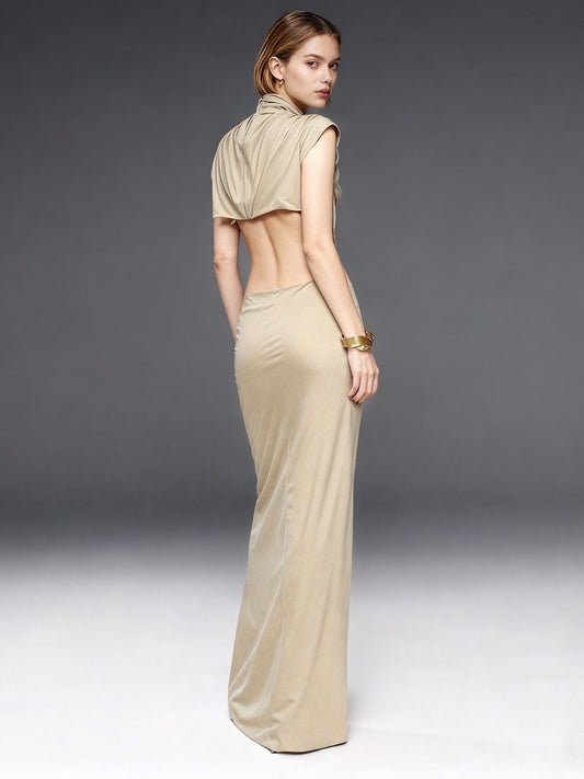 Khaki Cutout Maxi Dress with Draped Knot - SISPELL