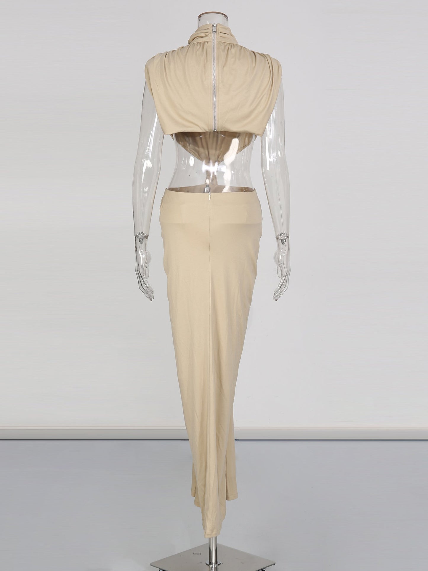 Khaki Cutout Maxi Dress with Draped Knot - SISPELL