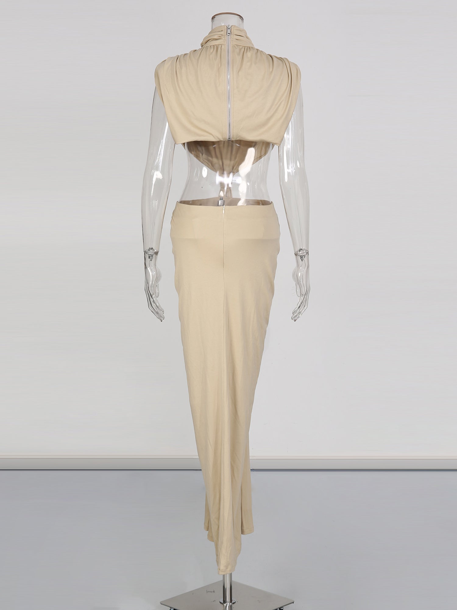 Khaki Cutout Maxi Dress with Draped Knot - SISPELL